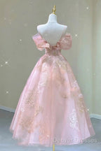 A Line Pink Tulle Lace Off The Shoulder Prom Dress, Formal Evening Dress