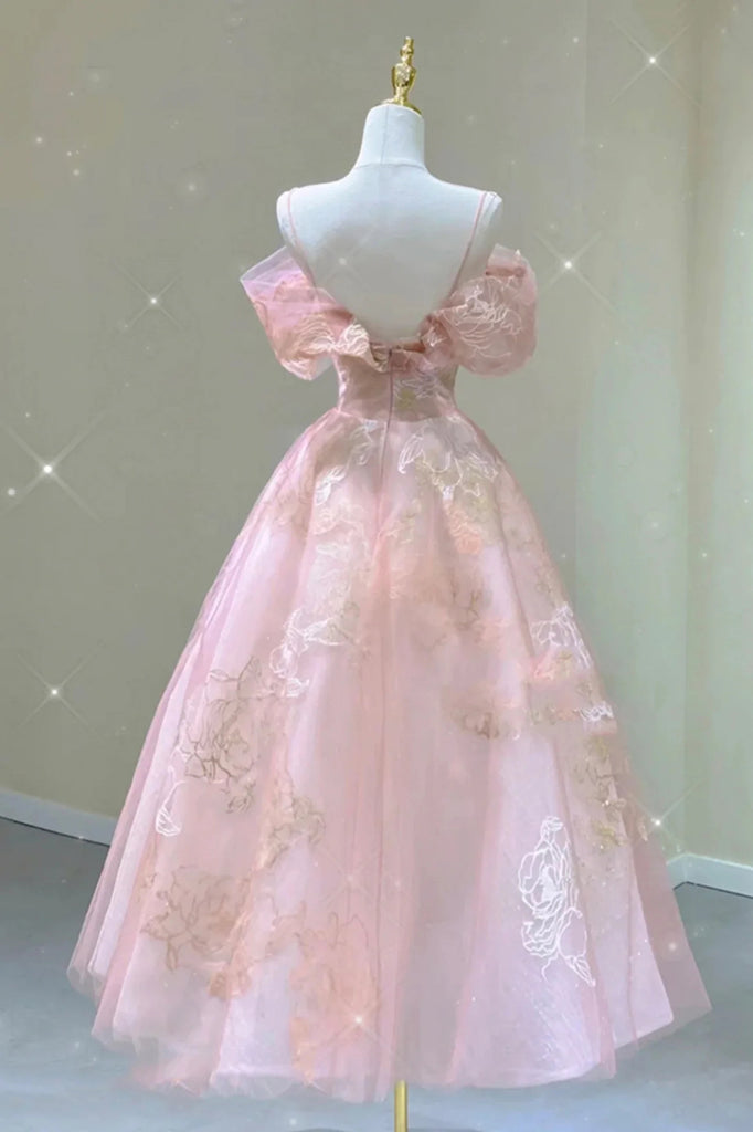 A Line Pink Tulle Lace Off The Shoulder Prom Dress, Formal Evening Dress