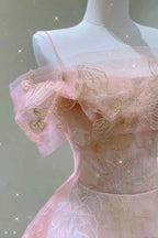 A Line Pink Tulle Lace Off The Shoulder Prom Dress, Formal Evening Dress