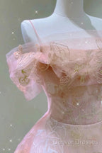 A Line Pink Tulle Lace Off The Shoulder Prom Dress, Formal Evening Dress