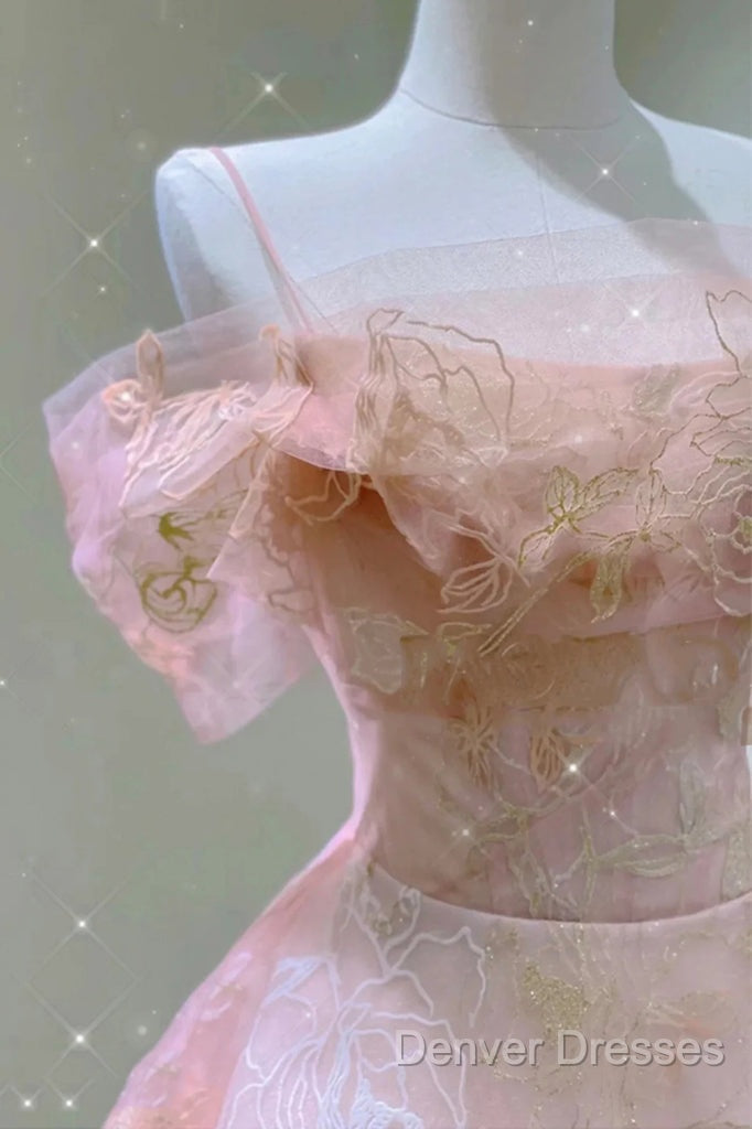A Line Pink Tulle Lace Off The Shoulder Prom Dress, Formal Evening Dress