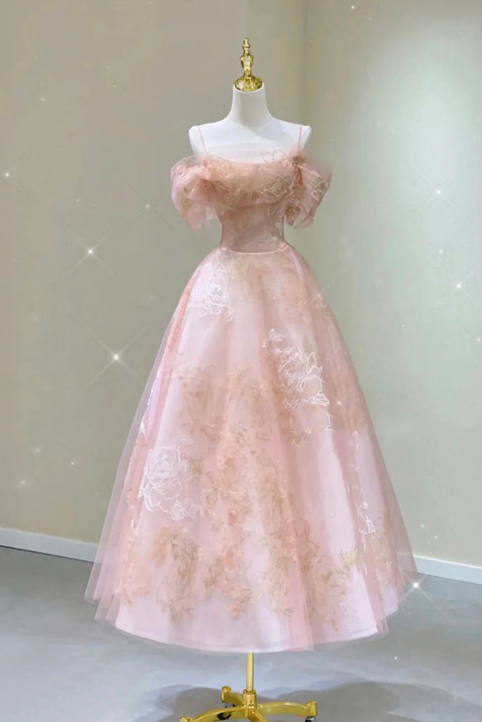 A Line Pink Tulle Lace Off The Shoulder Prom Dress, Formal Evening Dress