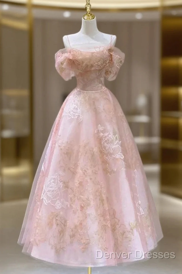 A Line Pink Tulle Lace Off The Shoulder Prom Dress, Formal Evening Dress Main image