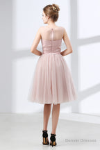A-Line Pink Tulle Lace Pleats Knee Length Homecoming Dresses