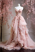 A Line Pink Tulle Long Prom Dress, Evening Formal Dress