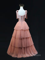 A Line Pink Tulle Long Prom Dress, Pink Formal Graduation Dress