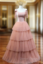 A Line Pink Tulle Long Prom Dress, Pink Formal Graduation Dress