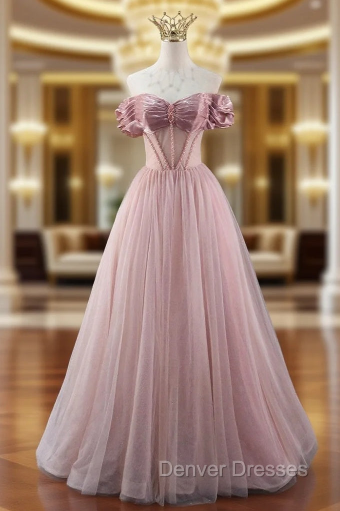 A-line Pink Tulle Off the Shoulder Beading Pleats Prom Dress