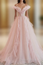 A-line Pink Tulle Off the Shoulder Prom Dress