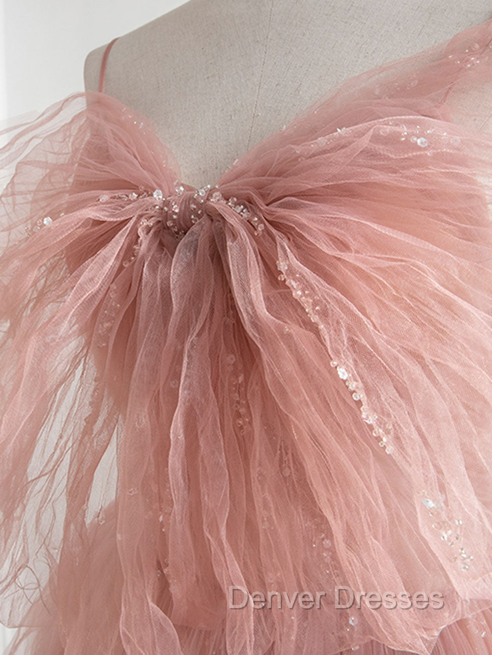 A-Line Pink Tulle Sequin Long Prom Dress, Pink Formal Evening Dress