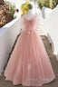 A-Line Pink Tulle Sequin Long Prom Dress, Pink Formal Evening Dress