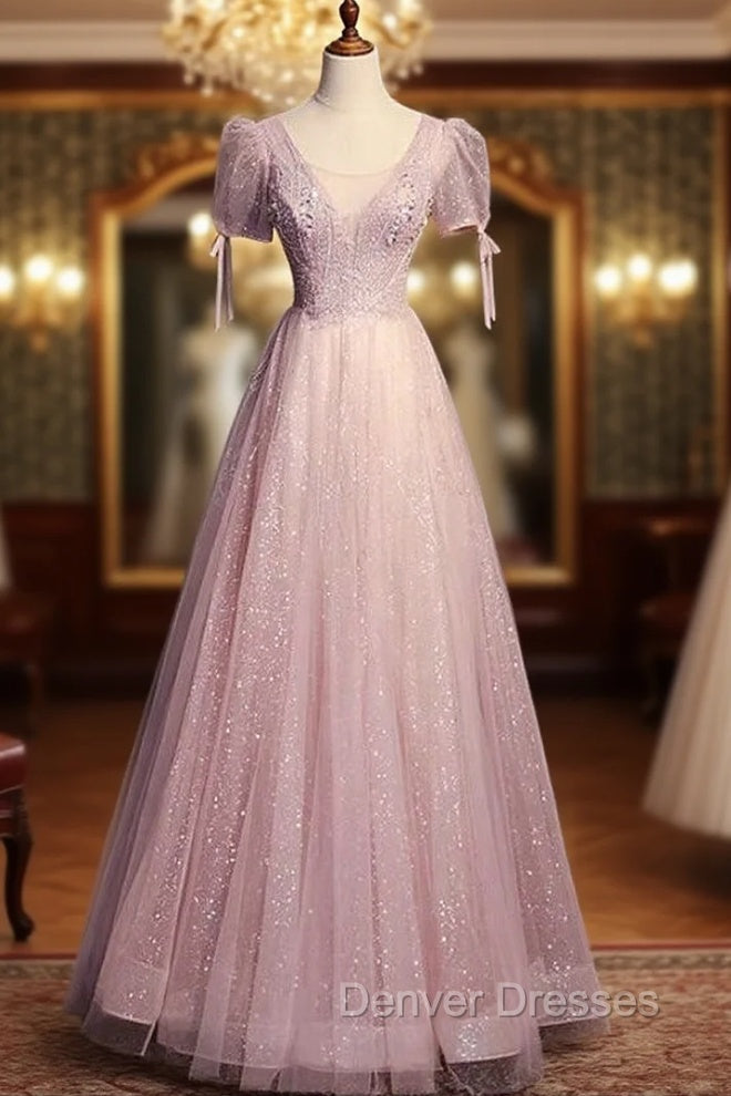 A-line Pink Tulle Sequins Short Sleeve Beading Prom Dress Main image