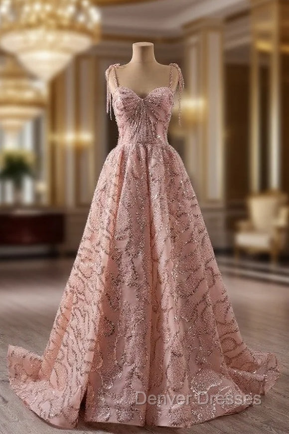 A-line Pink Tulle Sequins Spaghetti Straps Prom Dress Main image