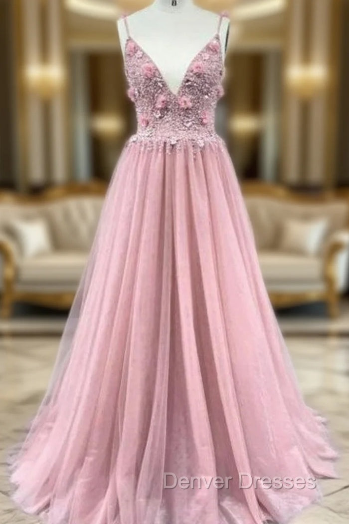 A-Line Pink Tulle Spaghetti Straps Backless Beading Prom Dress Main image