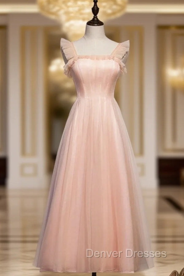 A-Line Pink Tulle Straps Ankle Length Prom Dress Main image