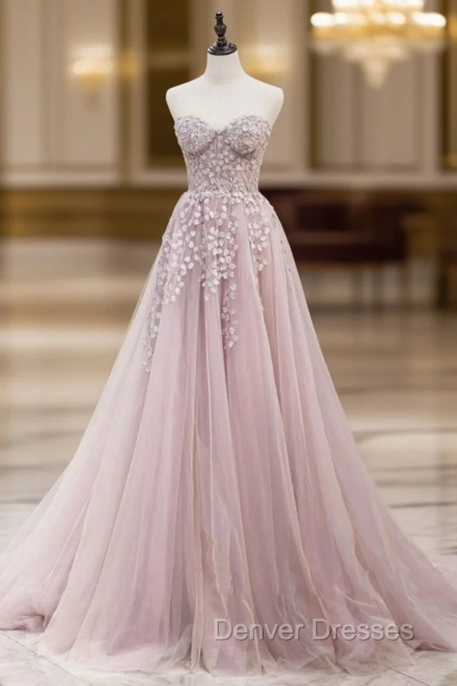 A-Line Pink Tulle Sweetheart Appliques Prom Dress Main image