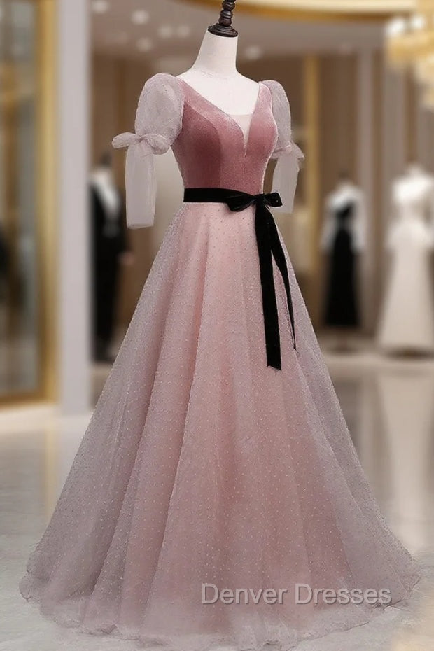 A-Line Pink Tulle Velvet Long Prom Dress, Pink Formal Dress Secondary image