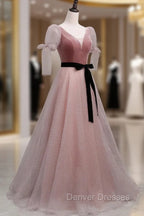 A-Line Pink Tulle Velvet Long Prom Dress, Pink Formal Dress