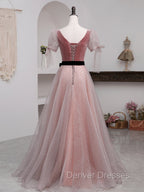 A-Line Pink Tulle Velvet Long Prom Dress, Pink Formal Dress