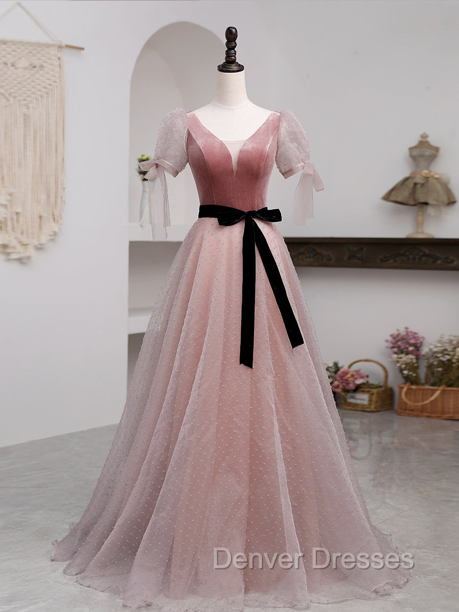 A-Line Pink Tulle Velvet Long Prom Dress, Pink Formal Dress Main image