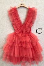 A Line Pink V Neck Tiered Homecoming Dress,Tulle Short Prom Party Dress