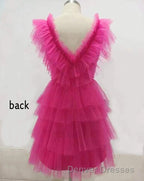 A Line Pink V Neck Tiered Homecoming Dress,Tulle Short Prom Party Dress