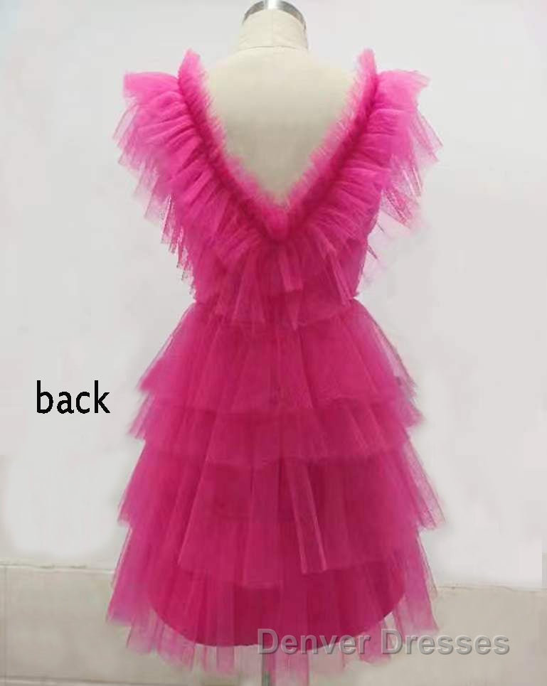 A Line Pink V Neck Tiered Homecoming Dress,Tulle Short Prom Party Dress