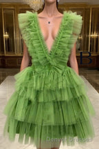 A Line Pink V Neck Tiered Homecoming Dress,Tulle Short Prom Party Dress