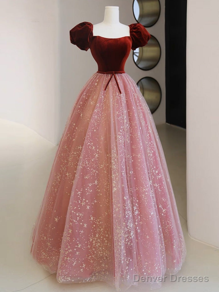 A-Line Pink Velvet Tulle Long Prom Dress, Pink Tulle Formal Evening Dress Main image