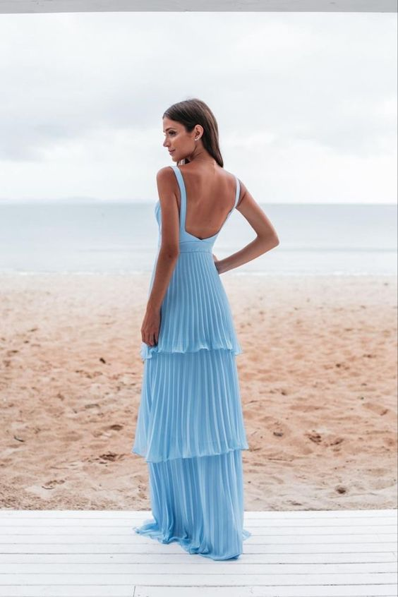 A-Line Pleated Blue Prom Dress Formal Party Dress
