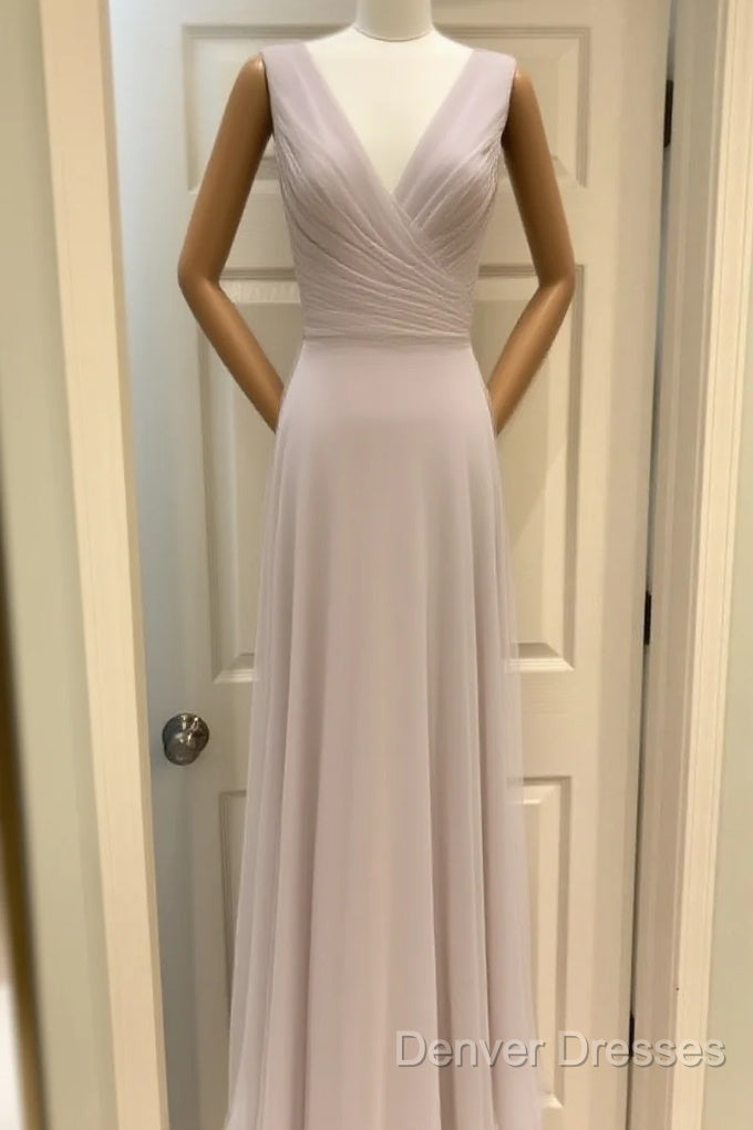 A-Line Pleated Chiffon V-Neck Long Bridesmaid Dress