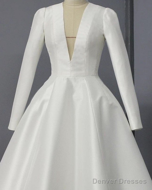 A-Line Plunge Neck Tea Length Satin Wedding Dress Secondary image