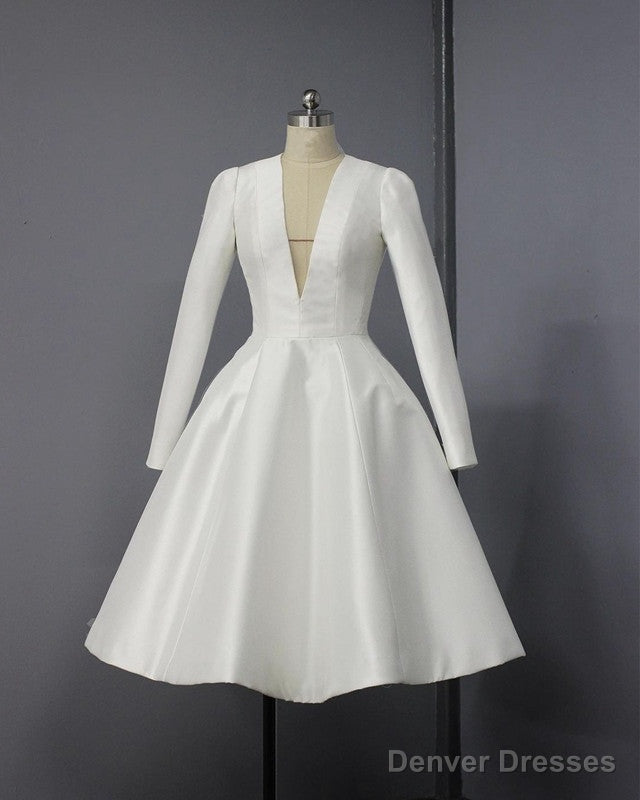 A-Line Plunge Neck Tea Length Satin Wedding Dress
