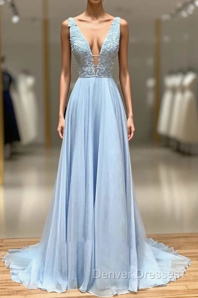 A Line Plunge V Neck Lace Chiffon Prom Dress Main image
