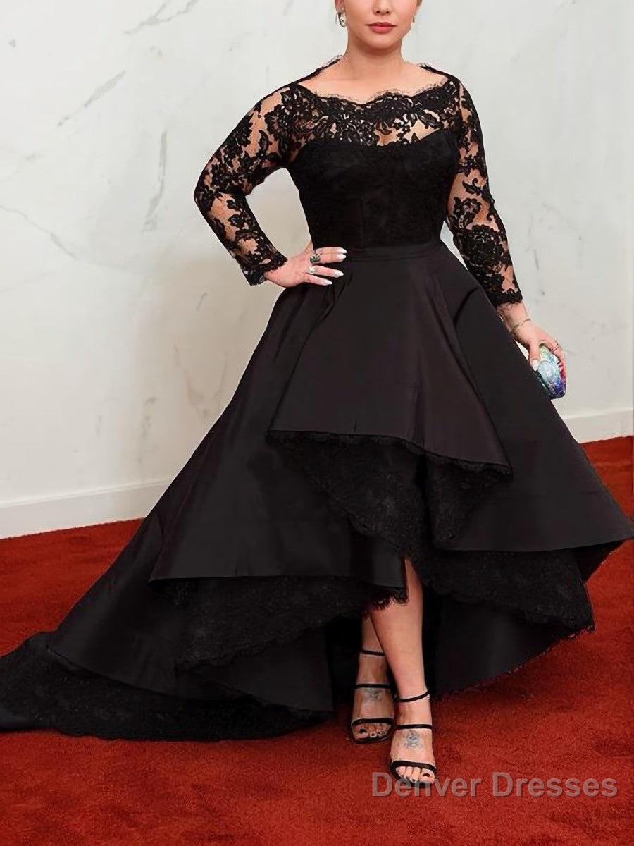 A-Line/Princess Bateau Asymmetrical Satin Prom Dresses With Appliques Lace Main image