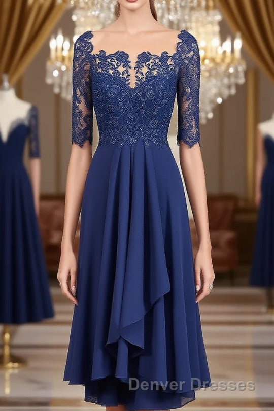 A-Line/Princess Bateau Tea-Length Chiffon Mother of the Bride Dress With Appliques Lace Main image