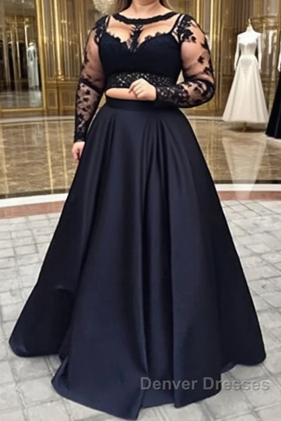 A-Line/Princess Full/Long Sleeve Bateau Long/Floor-Length Satin Prom Dress With Appliqued Main image