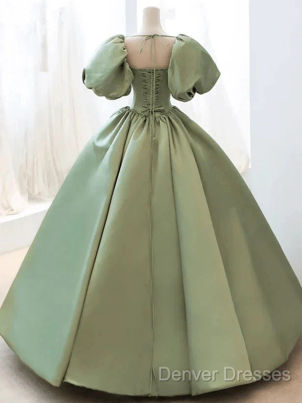 A-Line Princess Green Satin Puffy Sleeves Long Formal Dress Satin Prom Dress Party Dress