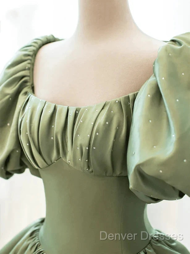 A-Line Princess Green Satin Puffy Sleeves Long Formal Dress Satin Prom Dress Party Dress