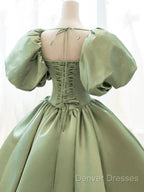 A-Line Princess Green Satin Puffy Sleeves Long Formal Dress Satin Prom Dress Party Dress