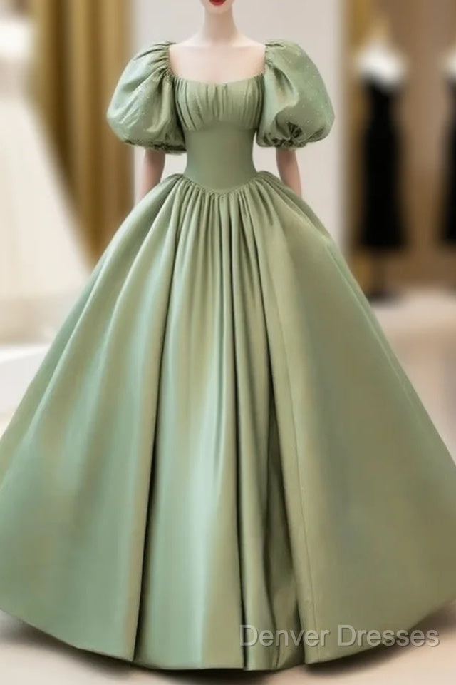 A-Line Princess Green Satin Puffy Sleeves Long Formal Dress Satin Prom Dress Party Dress Main image