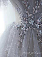 A-Line Princess Grey Beaded Layers Glitter Tulle Long Formal Dress Off Shoulder Prom Dress