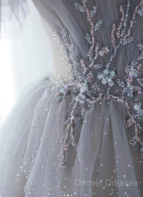 A-Line Princess Grey Beaded Layers Glitter Tulle Long Formal Dress Off Shoulder Prom Dress