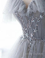 A-Line Princess Grey Beaded Layers Glitter Tulle Long Formal Dress Off Shoulder Prom Dress