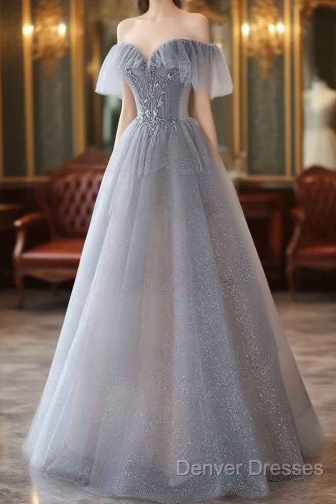 A-Line Princess Grey Beaded Layers Glitter Tulle Long Formal Dress Off Shoulder Prom Dress Main image
