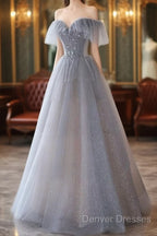 A-Line Princess Grey Beaded Layers Glitter Tulle Long Formal Dress Off Shoulder Prom Dress