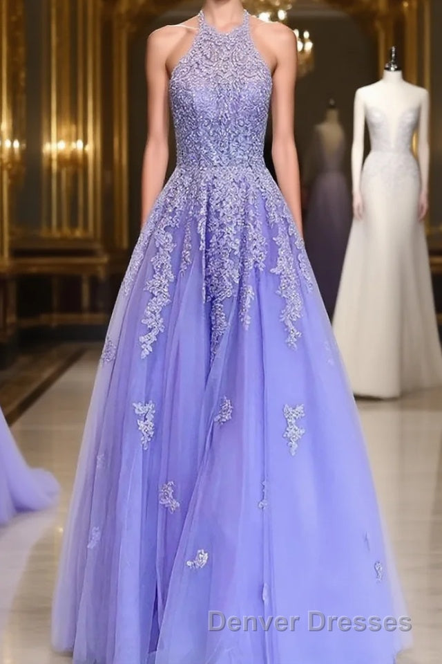 A-Line/Princess Halter Floor-Length Tulle Evening Dress With Appliques Lace Main image