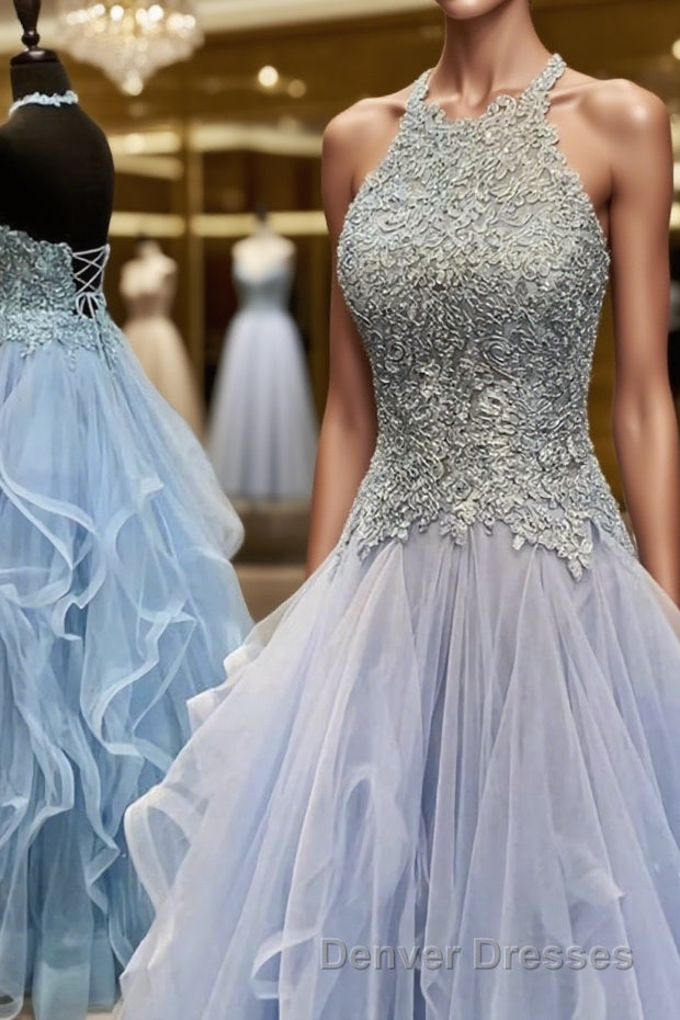 A-Line/Princess Halter Floor-Length Tulle Prom Dress With Appliques Lace