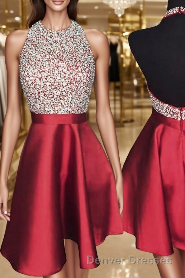 A-Line/Princess Halter Short/Mini Satin Homecoming Dress With Beading Main image