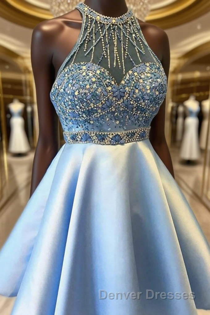 A-Line/Princess Halter Short/Mini Satin Homecoming Dress With Beading Main image